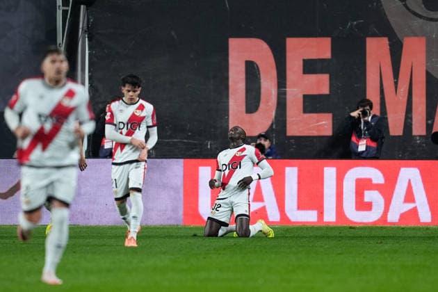 December 1, 2025, Madrid, Madrid, Spain: Nobel Mendy of Rayo Vallecano celebrates a goal during the Spanish League, LaLiga EA Sports, football match played between Rayo Vallecano and Valencia CF at Estadio de Vallecas on December 01, 2025, in Madrid, Spain. Madrid Spain - ZUMAa181 20251201_zaa_a181_162 Copyright: xDennisxAgyemanx