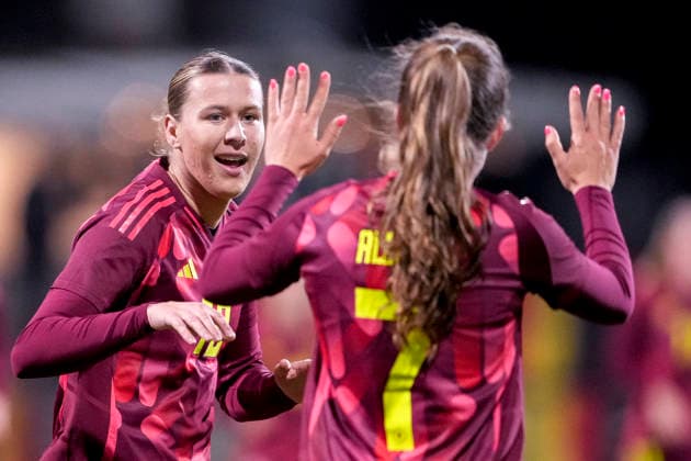 from left goal scorer Larissa Mühlhaus Germany, 10 , Mara Alber Germany, 7 , players of the German U23 selection, cheer about the goal to 1 0, jubilation, goal celebration, celebrate the goal, goal, celebration, cheers about the goal, joy, joy, optimistic, positive, game scene, highlight, action, 01 12 2025, Frankfurt am Main Germany , soccer, international match, U23 women, Germany France, DFB DFL REGULATIONS PROHIBIT ANY USE OF PHOTOGRAPHS AS IMAGE SEQUENCES AND OR QUASI VIDEO xozx