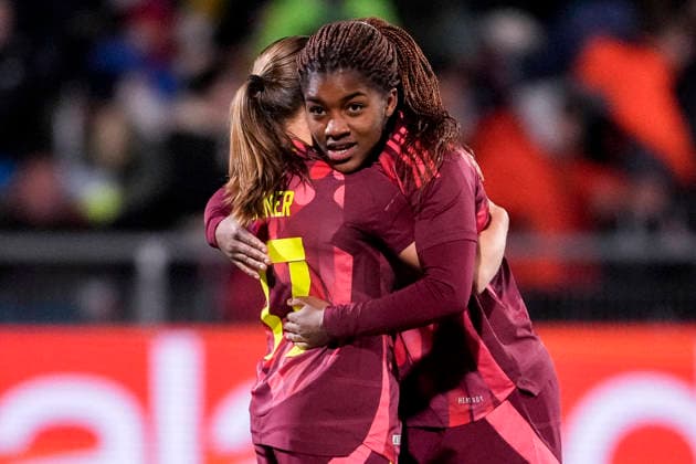 from left Marie Steiner Germany, 17 , goal scorer Delice Boboy Germany, 9 , players of the German U23 selection, cheer about the goal to 2 0, jubilation, goal celebration, celebrate the goal, goal, celebration, cheers about the goal, joy, joy, rejoices, optimistic, positive, game scene, highlight, action, 01 12 2025, Frankfurt am Main Germany , soccer, international match, U23 women, Germany France, DFB DFL REGULATIONS PROHIBIT ANY USE OF PHOTOGRAPHS AS IMAGE SEQUENCES AND OR QUASI VIDEO xozx