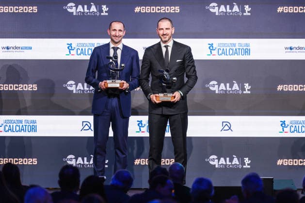 (L-R) Giorgio Chiellini and Leonardo Bonucci Italian Former Football Players receive the Legends Award seen during the Gran Galà del Calcio 2025 Oscar del Calcio Awards AIC at Spazio Antologico East End Studios in Milan Milan Italy Copyright: xBEAUTIFULxSPORTS Carabellix