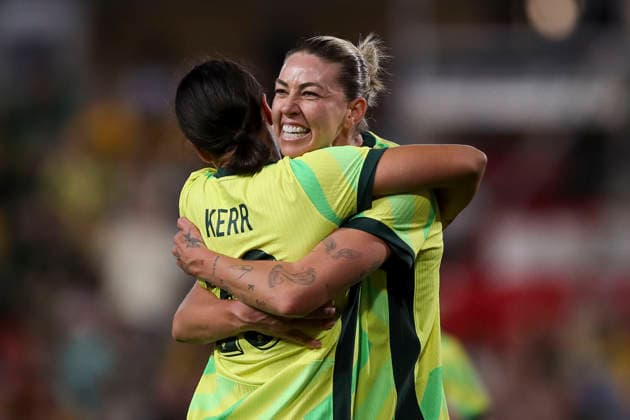 SOCCER AUSTRALIA NEW ZEALAND WOMEN, Alanna Kennedy of the Matildas celebrates a goal with team mate Sam Kerr during the International Women s Friendly match between between Australia and New Zealand at Coopers Stadium in Adelaide, Tuesday, December 2, 2025. ( NO ARCHIVING, EDITORIAL USE ONLY ADELAIDE SOUTH AUSTRALIA AUSTRALIA  Copyright: xMATTxTURNERx 20251202162846617465
