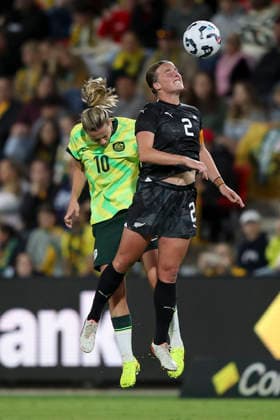 SOCCER AUSTRALIA NEW ZEALAND WOMEN, Kate Taylor of New Zealand and Emily Van Egmond of the Matildas during the International Women s Friendly match between between Australia and New Zealand at Coopers Stadium in Adelaide, Tuesday, December 2, 2025. ( NO ARCHIVING, EDITORIAL USE ONLY ADELAIDE SOUTH AUSTRALIA AUSTRALIA  Copyright: xMATTxTURNERx 20251202134893488274