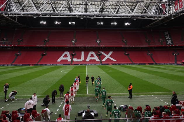 Players entering empty stadium during the match AFC Ajax Amsterdam vs FC Groningen at the Johan Cruijff ArenA for the Dutch Vriendenloterij Eredivisie season 2025 2026 in AMSTERDAM, Netherlands on 1 december 2025, photo by Peter Lous EYE4images DeFodi Images