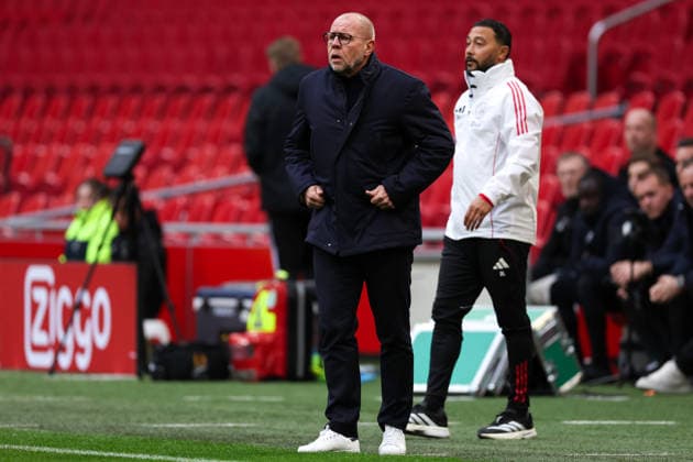2025-12-02 Ajax v FC Groningen - Dutch Eredivisie AMSTERDAM, NETHERLANDS - DECEMBER 2: Head coach Fred Grim of AFC Ajax coaches his players during the Dutch Eredivisie match between Ajax and FC Groningen at Johan Cruijff Arena on December 2, 2025 in Amsterdam, Netherlands. Amsterdam Johan Cruijff Arena Netherlands Content not available for redistribution in The Netherlands directly or indirectly through any third parties. Copyright: xJorisxVerwijstx