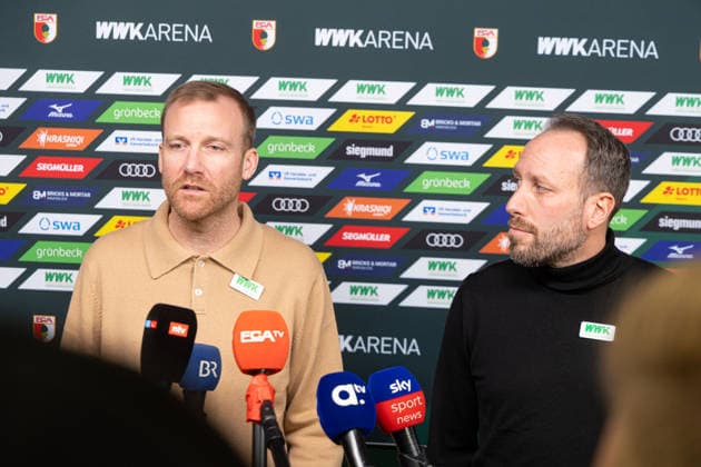 Media round with managing director Michael Ströll black sweater and sports director Benjamin Weber light sweater after the dismissal of Sandro WagnerMedia round with managing director Michael Ströll dark sweater and sports director Benjamin Weber light sweater after the dismissal of Sandro Wagner