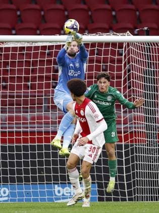 AMSTERDAM - (l-r) Ajax goalkeeper Vitezslav Jaros, Aaron Bouwman of Ajax, Thom van Bergen of FC Groningen during the Dutch Eredivisie match between AFC Ajax and FC Groningen at the Johan Cruijff ArenA on December 2, 2025, in Amsterdam, Netherlands. ANP Hollandse Hoogte MAURICE VAN STEEN Eredivisie 2025-2026 xVIxANPxSportx xMauricexvanxSteenxIVx 543680038 originalFilename: 543680038.jpg