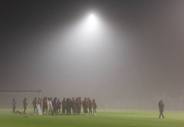 Floodlights and a foggy atmosphere at the first training session under Manuel Baum FC Augsburg, First training session under Manuel Baum,