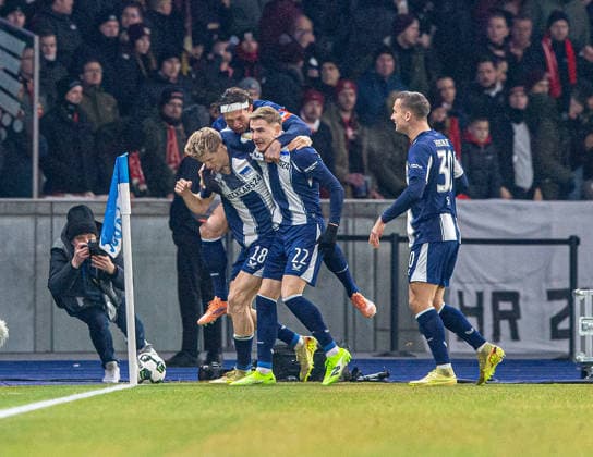 Soccer, Men, Season 2025 2026, DFB Cup Round of 16 , Hertha BSC 1 FC Kaiserslautern, f l Luca Schuler Hertha BSC , Fabian Reese Hertha BSC , Marten Winkler Hertha BSC , Paul Seguin Hertha BSC , Cheering after goal to 1 0, 02 12 2025, Copyright: xSebastianxRäppold MatthiasxKochx