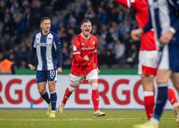 Soccer, Men, Season 2025 2026, DFB Pokal Round of 16 , Hertha BSC 1 FC Kaiserslautern, Marlon Ritter Kaiserslautern , Cheering after goal to 3 1, 02 12 2025, Copyright: xSebastianxRäppold MatthiasxKochx