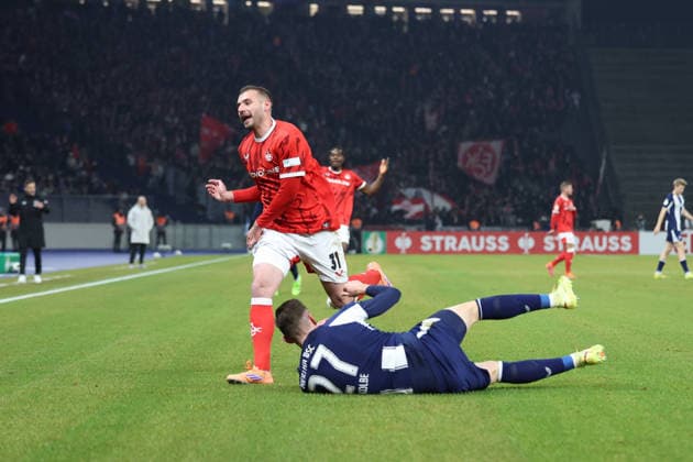 02 12 2025, xrekx, Football DFB Cup 1 8 Final, Hertha BSC Berlin 1 FC Kaiserslautern v l Luca Sirch 1 FC Kaiserslautern Niklas Kolbe Hertha BSC DFL DFB REGULATIONS PROHIBIT ANY USE OF PHOTOGRAPHS as IMAGE SEQUENCES and or QUASI VIDEO Berlin