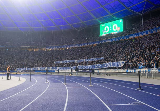 Soccer, Men, Season 2025 2026, DFB Cup Round of 16 , Hertha BSC 1 FC Kaiserslautern, Hertha fans with banners No truth no compromise Hertha BSC says no to any change to the stadium ban policy, 02 12 2025, Copyright: xSebastianxRäppold MatthiasxKochx