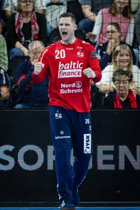 FLENSBURG, GERMANY - DECEMBER 2: goalie celebration joy after saved ball Kevin Møller (SG Flensburg-Handewitt, 20) during the EHF European League match between SG Flensburg-Handewitt vs IRUDEK Bidasoa Irun at GP JOULE Arena on matchday 1 of the Group Matches Group A on December 2, 2025 in Flensburg, Germany. Schleswig-Holstein Germany Copyright: xBEAUTIFULxSPORTS MarioxM.xKobergx