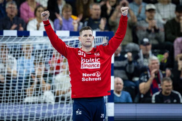FLENSBURG, GERMANY - DECEMBER 2: goalie celebration joy after saved ball Kevin Møller (SG Flensburg-Handewitt, 20) during the EHF European League match between SG Flensburg-Handewitt vs IRUDEK Bidasoa Irun at GP JOULE Arena on matchday 1 of the Group Matches Group A on December 2, 2025 in Flensburg, Germany. Schleswig-Holstein Germany Copyright: xBEAUTIFULxSPORTS MarioxM.xKobergx