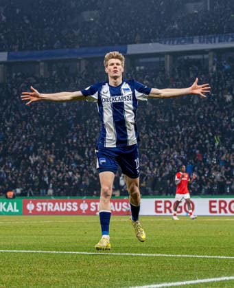 Soccer, Men, Season 2025 2026, DFB Cup Round of 16 , Hertha BSC 1 FC Kaiserslautern, Luca Schuler Hertha BSC , Cheering after scoring 4 1, 02 12 2025, Copyright: xSebastianxRäppold MatthiasxKochx