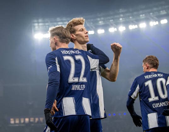 Soccer, Men, Season 2025 2026, DFB Cup Round of 16 , Hertha BSC 1 FC Kaiserslautern, f l Marten Winkler Hertha BSC , Luca Schuler Hertha BSC , Michael Cuisance Hertha BSC , Cheering after goal to 4 1, 02 12 2025, Copyright: xSebastianxRäppold MatthiasxKochx