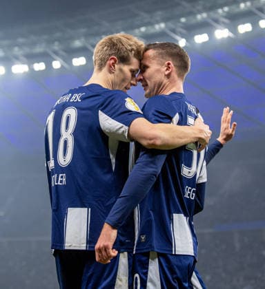 Soccer, Men, Season 2025 2026, DFB Cup Round of 16 , Hertha BSC 1 FC Kaiserslautern, f l Luca Schuler Hertha BSC , Paul Seguin Hertha BSC , Cheering after scoring 4 1, 02 12 2025, Copyright: xSebastianxRäppold MatthiasxKochx