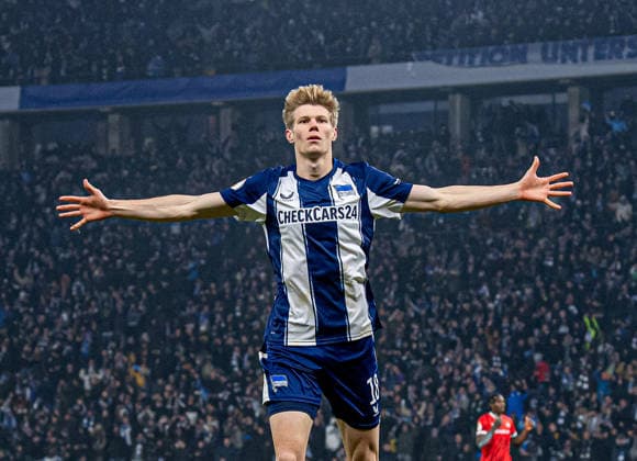 Soccer, Men, Season 2025 2026, DFB Cup Round of 16 , Hertha BSC 1 FC Kaiserslautern, Luca Schuler Hertha BSC , Cheering after scoring 4 1, 02 12 2025, Copyright: xSebastianxRäppold MatthiasxKochx