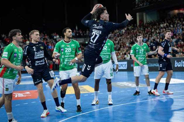 FLENSBURG, GERMANY - DECEMBER 2: Aksel Horgen (SG Flensburg-Handewitt, 27) in attack during the EHF European League match between SG Flensburg-Handewitt vs IRUDEK Bidasoa Irun at GP JOULE Arena on matchday 1 of the Group Matches Group A on December 2, 2025 in Flensburg, Germany. Schleswig-Holstein Germany Copyright: xBEAUTIFULxSPORTS MarioxM.xKobergx