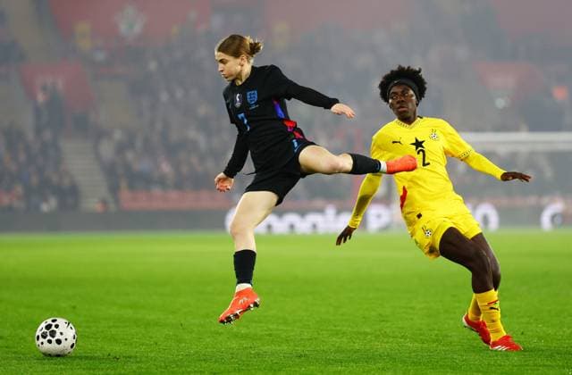 Jessica Park of England and Benedicte Simon of Ghana. England Women v Ghana Women, International Friendly, Länderspiel, Nationalmannschaft Football, St Mary s Stadium, Southampton, UK - 02 Dec 2025Southampton St Mary s Stadium United Kingdom EDITORIAL USE ONLY No use with unauthorised audio, video, data, fixture lists, club league logos or live services. Online in-match use limited to 120 images, no video emulation. No use in betting, games or single club league player publications.  Copyright: xJamesxMarsh Shutterstockx 16005561z