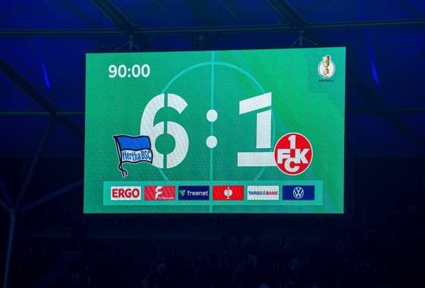 Soccer, Men, Season 2025 2026, DFB Cup Round of 16 , Hertha BSC 1 FC Kaiserslautern, Scoreboard with 6 1 final score, 02 12 2025, Copyright: xSebastianxRäppold MatthiasxKochx