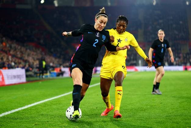 Lucy Bronze of England and Jennifer Cudjoe of Ghana. England Women v Ghana Women, International Friendly, Länderspiel, Nationalmannschaft Football, St Mary s Stadium, Southampton, UK - 02 Dec 2025Southampton St Mary s Stadium United Kingdom EDITORIAL USE ONLY No use with unauthorised audio, video, data, fixture lists, club league logos or live services. Online in-match use limited to 120 images, no video emulation. No use in betting, games or single club league player publications.  Copyright: xJamesxMarsh Shutterstockx 16005561ac