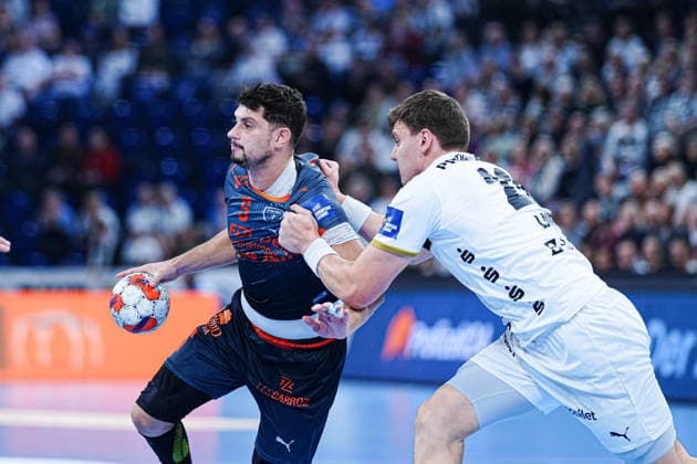 Kyllian Villeminot Montpellier Handball, 05 , Lucas Laube THW Kiel, 20 GER, THW Kiel vs Montpellier Handball, Handball, EHF European League, Matchday 6, Season 2025 2026, 02 12 2025 GER, THW Kiel vs Montpellier Handball, Handball, EHF European League, Matchday 6, Season 2025 2026, 02 12 2025 Kiel Copyright: xEibner-Pressefoto MarcelxvonxFehrnx EP_MFN
