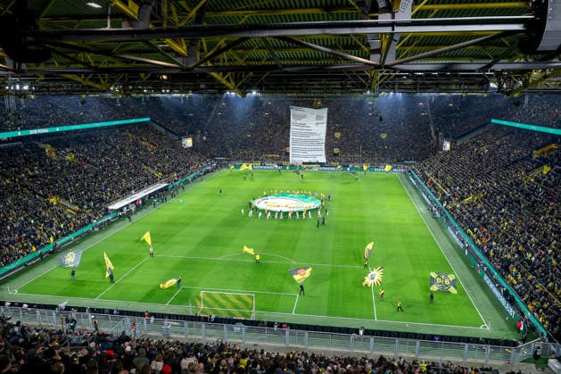 02 12 2025, Football, DFB Cup, Borussia Dortmund Bayer 04 Leverkusen, Round of 16, Signal Iduna Park, Season 2025 2026 Protest banner Choreography Protest Protests Choreo Letter of complaint DFB regulations prohibit any use of photographs as image sequences and or quasi video North Rhine-Westphalia Germany