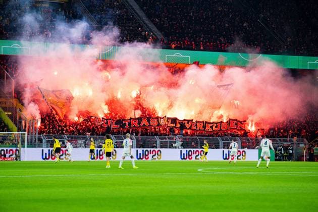 02 12 2025 Football, 2025 2026, DFB Cup, Round of 16, Borussia Dortmund Bayer 04 Leverkusen Fans Leverkusen with pyrotechnics DFB REGULATIONS PROHIBIT ANY USE OF PHOTOGRAPHS AS IMAGE SEQUENCES AND OR QUASI VIDEO