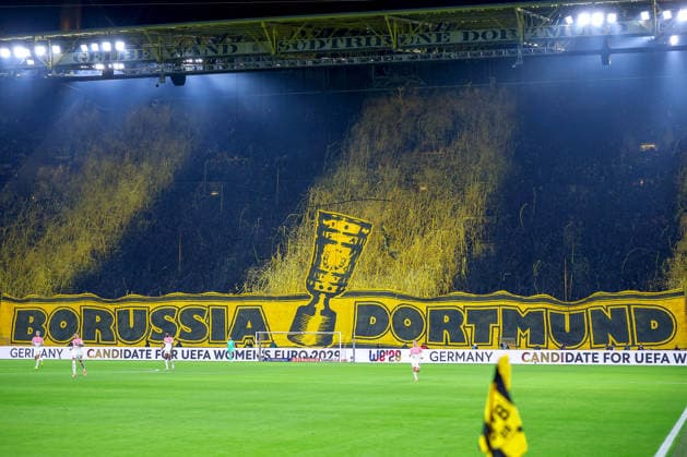 02 12 2025, Football, DFB Cup, Borussia Dortmund Bayer 04 Leverkusen, Round of 16, Signal Iduna Park, Season 2025 2026 Choreography Choreo Choreography in the fan curve in the first half Banner in the south curve Yellow wall with confetti DFB regulations prohibit any use of photographs as image sequences and or quasi video North Rhine-Westphalia Germany