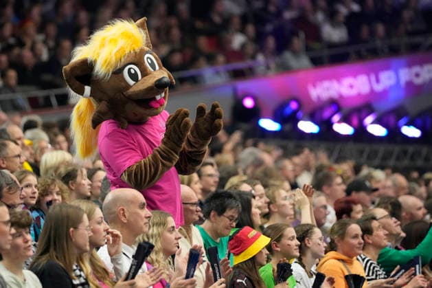 Mascot Hanni is seen during the 27th IHF Women s Handball World Championship, WM, Weltmeisterschaft - Main Round match between Germany and Faroe Islands at Westfalenhalle on December 2, 2025 in Dortmund, Germany. (Photo by Alex Gottschalk DeFodi Images)