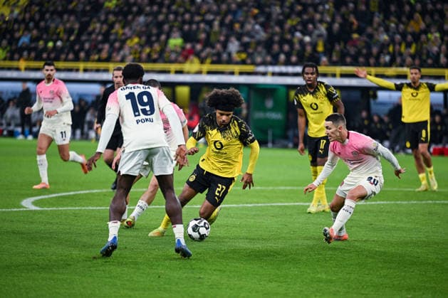 02 12 2025, Football, DFB Cup, Round of 16, Borussia Dortmund Bayer Leverkusen, Ernest Poku Bayer Leverkusen , Karim Adeyemi Borussia Dortmund , Alejandro Grimaldo Bayer Leverkusen xRHR PHOTO TKx Copyright: RHR-FOTOx RHR-FOTO TK