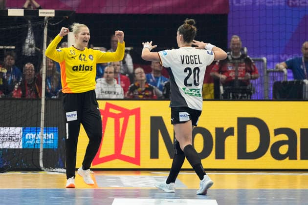 goalkeeper Katharina Filter Germany and Emily Vogel Germany gestures during the 27th IHF Women s Handball World Championship Main Round match between Germany and Faroe Islands at Westfalenhalle on December 2, 2025 in Dortmund, Germany Photo by Alex Gottschalk DeFodi Images