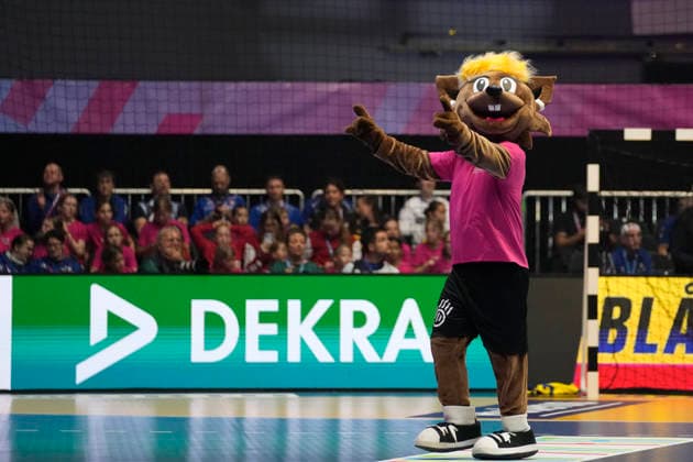 Mascot Hanni is seen during the 27th IHF Women s Handball World Championship Main Round match between Germany and Faroe Islands at Westfalenhalle on December 2, 2025 in Dortmund, Germany Photo by Alex Gottschalk DeFodi Images