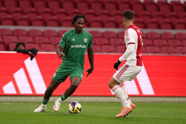 Tyrique Mercera of FC Groningen during the match AFC Ajax Amsterdam vs FC Groningen at the Johan Cruijff ArenA for the Dutch Vriendenloterij Eredivisie season 2025 2026 in AMSTERDAM, Netherlands on 1 december 2025, photo by Peter Lous EYE4images DeFodi Images