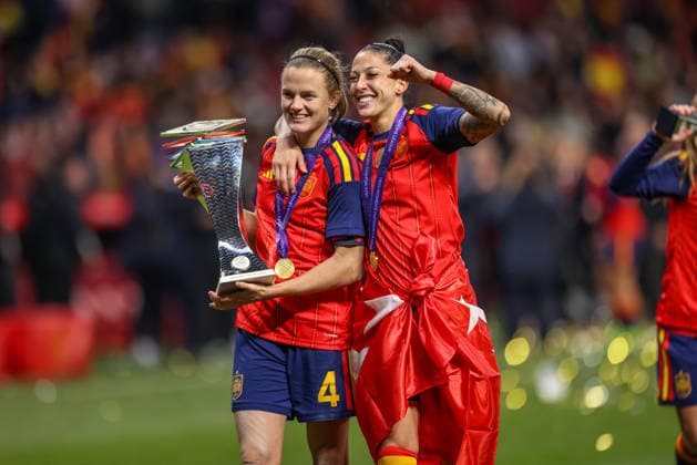ESP, Madrid, Spain vs Germany, international match, football, UEFA, 2025 2026 season, Womens Nations League, Riyadh Air Metropolitano, final in picture Spain wins 3-0 on goals against Germany, cheers and joy at Espana, Irene Paredes Spain 4 and Jenni Jennifer Hermoso Fuentes DFB DFL REGULATIONS PROHIBIT ANY USE OF PHOTOGRAPHS AS IMAGE SEQUENCES AND OR QUASI VIDEO, 02 12 2025 Copyright: HMBxMedia HendrikxHamelau
