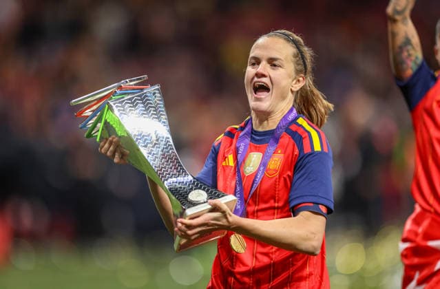 ESP, Madrid, Spain vs Germany, international match, football, UEFA, 2025 2026 season, Womens Nations League, Riyadh Air Metropolitano, final in picture Spain wins 3-0 on goals against Germany, cheers and joy at Espana, Irene Paredes Spain 4 DFB DFL REGULATIONS PROHIBIT ANY USE OF PHOTOGRAPHS AS IMAGE SEQUENCES AND OR QUASI VIDEO, 02 12 2025 Copyright: HMBxMedia HendrikxHamelau