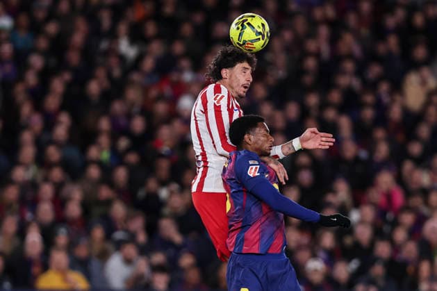 December 2, 2025, Barcelona, Barcelona, SPAIN: Jose Maria Gimenez of Atletico de Madrid and Alejandro Balde of FC Barcelona, Barca compete for the ball during the Spanish league, La Liga EA Sports, football match played between FC Barcelona and Atletico de Madrid at Spotify Camp Nou stadium on December 02, 2025 in Barcelona, Spain. Barcelona SPAIN - ZUMAa181 20251202_zaa_a181_303 Copyright: xJavierxBorregox