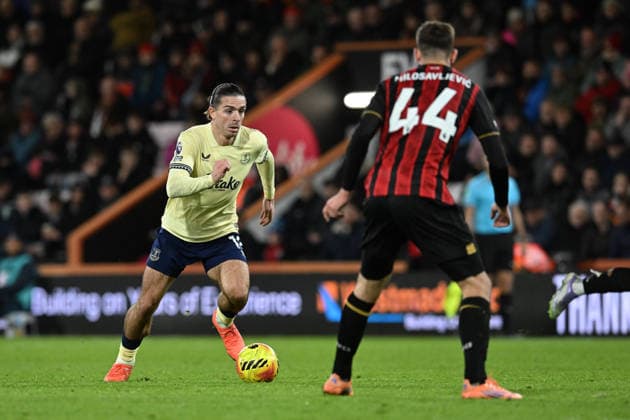 Bournemouth v Everton Premier League 02 12 2025. Jack Grealish (18) of Everton on the attack battles for possession with Veljko Milosavljevic (44) of AFC Bournemouth during the Premier League match between Bournemouth and Everton at the Vitality Stadium, Bournemouth, England on 2 December 2025. Bournemouth Vitality Stadium Dorset England Editorial use only DataCo restrictions apply See www.football-dataco.com , Copyright: xGrahamxHuntx PSI-23324-0215
