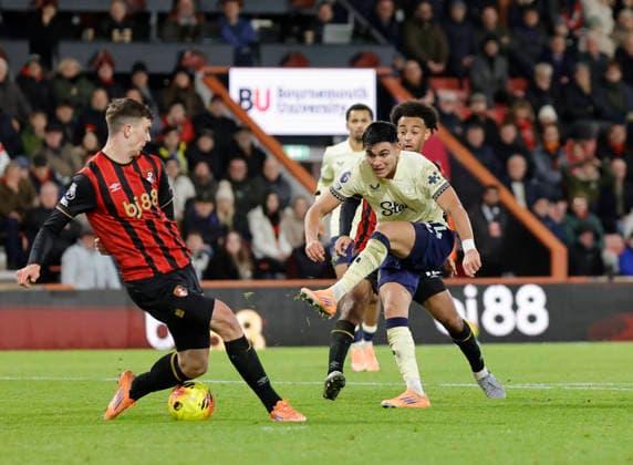 2nd December 2025, Bournemouth, Dorset, England; Premier League Football, AFC Bournemouth versus Everton; Veljko Milosavljevic of Bournemouth blocks a shoot from Carlos Alcaraz of Everton  HongboxChen
