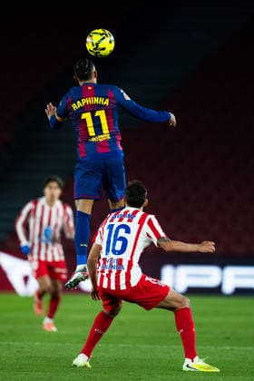 Spanish LaLiga EA Sports FC Barcelona, Barca v Atletico de Madrid in Barcelona, Spain. FC Barcelona player (11) Raphinha head shot with Nahuel Molina (16) during LaLiga EA Sports match between FC Barcelona and Atletico de Madrid in Spotify Camp Nou, Barcelona, Spain, on December 2, 2025. Barcelona Spotify Camp Nou Barcelona Spain