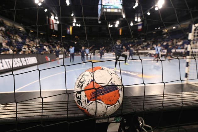 photo the match ball hangs in the net , ready for the warm-up of the French Handball Men on Tue 02 12 2025 Euroleague Mens EHF EURO LEAGUE , Tue 02 12 25 THW Kiel Montpellier HB
