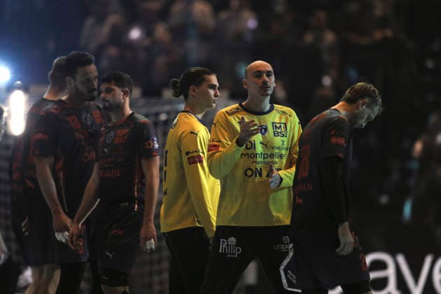 photo Greeting of the two teams before the start of the match , here goalkeeper Charles Bolzinger Montpellier , behind goalkeeper Adrien Godard Capdeville Handball Men on Tue 02 12 2025 Euroleague Mens EHF EURO LEAGUE , Tue 02 12 25 THW Kiel Montpellier HB