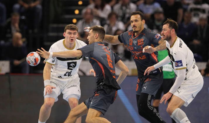 photo Jack THURIN Montpellier vs Lukas LAUBE Kiel , left Handball Men on Tue 02 12 2025 Euroleague Mens EHF EURO LEAGUE , Tue 02 12 25 THW Kiel Montpellier HB