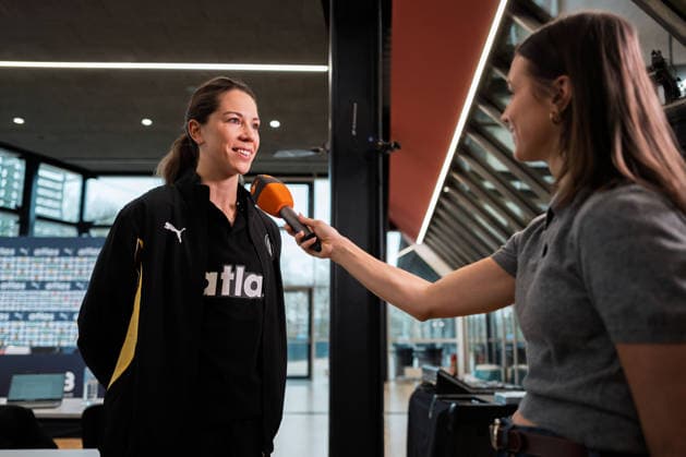 Handball, Womens World Championship, Main Round Group 2 Germany Press conference Emily Vogel Germany on ZDF Interview Dortmund North Rhine-Westphalia Germany