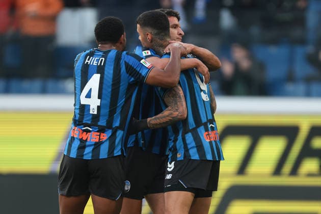 Bergamo, Italy, 3rd December 2025. Berat Djimsiti of Atalanta celebrates with team mates after scoring to give the side a 1-0 lead during the Atalanta vs Genoa Coppa Italia match at New Balance Arena, Bergamo. Picture credit should read: Jonathan Moscrop Sportimage EDITORIAL USE ONLY. No use with unauthorised audio, video, data, fixture lists, club league logos or live services. Online in-match use limited to 120 images, no video emulation. No use in betting, games or single club league player publications. SPI_020_JM_ATALANTA_GENOA_CI SPI-4320-0020