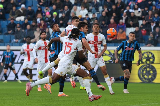 Bergamo, Italy, 3rd December 2025. Berat Djimsiti of Atalanta scores to give the hosts a 1-0 lead during the Atalanta vs Genoa Coppa Italia match at New Balance Arena, Bergamo. Picture credit should read: Jonathan Moscrop Sportimage EDITORIAL USE ONLY. No use with unauthorised audio, video, data, fixture lists, club league logos or live services. Online in-match use limited to 120 images, no video emulation. No use in betting, games or single club league player publications. SPI_025_JM_ATALANTA_GENOA_CI SPI-4320-0025