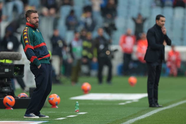 Bergamo, Italy, 3rd December 2025. Daniele De Rossi Head coach of Genoa CFC and Raffaele Palladino Head coach of Atalanta react during the Atalanta vs Genoa Coppa Italia match at New Balance Arena, Bergamo. Picture credit should read: Jonathan Moscrop Sportimage EDITORIAL USE ONLY. No use with unauthorised audio, video, data, fixture lists, club league logos or live services. Online in-match use limited to 120 images, no video emulation. No use in betting, games or single club league player publications. SPI_032_JM_ATALANTA_GENOA_CI SPI-4320-0032