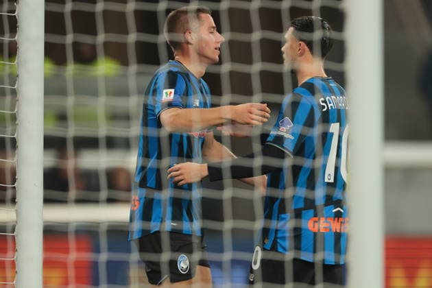 Bergamo, Italy, 3rd December 2025. Mario Pasalic of Atalanta celebrates with team mate Lazar Samardzic after scoring to give the side a 3-0 lead during the Atalanta vs Genoa Coppa Italia match at New Balance Arena, Bergamo. Picture credit should read: Jonathan Moscrop Sportimage EDITORIAL USE ONLY. No use with unauthorised audio, video, data, fixture lists, club league logos or live services. Online in-match use limited to 120 images, no video emulation. No use in betting, games or single club league player publications. SPI_091_JM_ATALANTA_GENOA_CI SPI-4320-0090