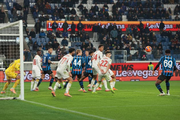 Bergamo, Italy, 3rd December 2025. Honest Ahanor of Atalanta scores with a header to give the hosts a 4-0 lead during the Atalanta vs Genoa Coppa Italia match at New Balance Arena, Bergamo. Picture credit should read: Jonathan Moscrop Sportimage EDITORIAL USE ONLY. No use with unauthorised audio, video, data, fixture lists, club league logos or live services. Online in-match use limited to 120 images, no video emulation. No use in betting, games or single club league player publications. SPI_098_JM_ATALANTA_GENOA_CI SPI-4320-0098