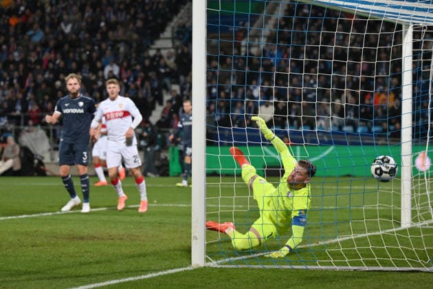 Own goal by Philipp Strompf VfL Bochum , left back, to 0 1, right goalkeeper Timo Horn VfL Bochum 03 12 2025, Football DFB Pokal, Season 2025 2026, Round of 16, VfL Bochum VfB Stuttgart DFB regulations prohibit any use of photographs as image sequences and or quasi video Bochum Vonovia Ruhrstadion Nordrhein Westfalen Germany Team2